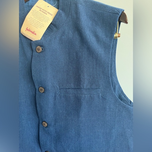 NWT Fabindia Men Sleeveless Jacket Vest Nehru Mandarin Collar Woven Cotto Blue M - Picture 6 of 10